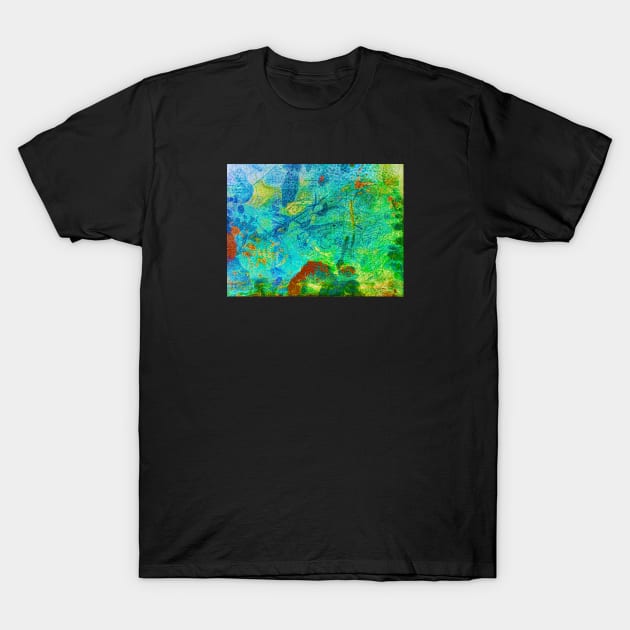 Abstract textured turquoise, orange, blue and green color contrast photographic metallic background. T-Shirt by Earthworx